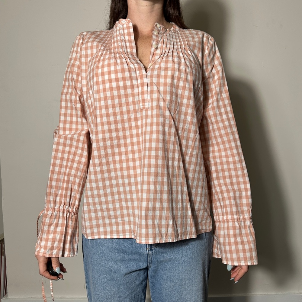 J Crew 100% Cotton Orange and White Gingham Longsleeve Blouse Size Medium